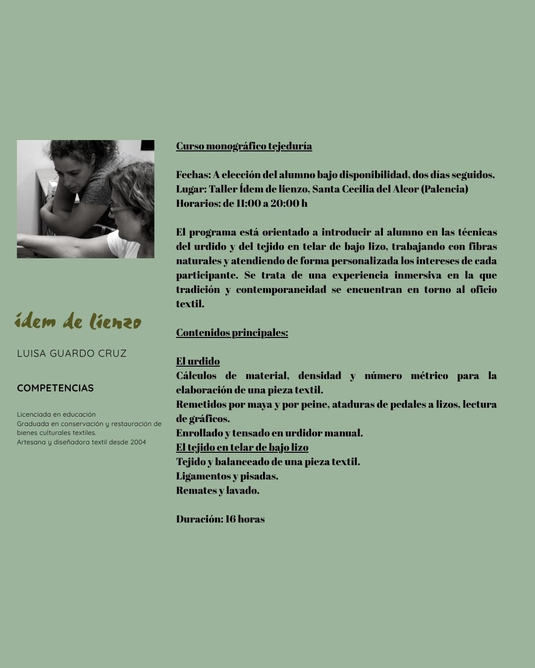 Curso individual de tejido en telar manual de bajo lizo